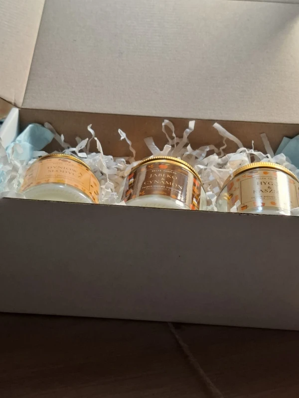 Jesienny zestaw 3 świec sojowych – Jabłko &amp; Cynamon, Dynia Słodkość i Hygge &amp; Kaszmir